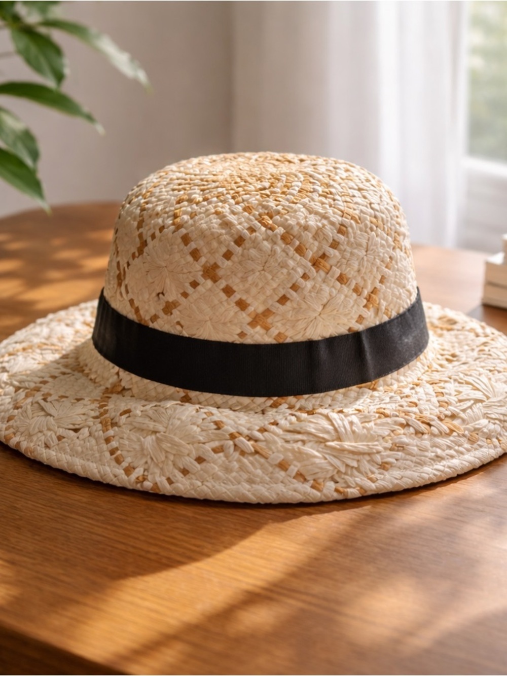 Straw Sun Hat with Black Band - Natural